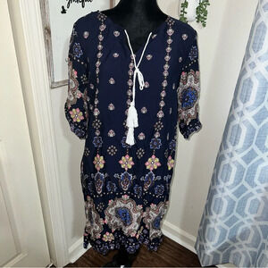 Women's Printed Tassel Tie Neck Loose Fit Bohemian dress